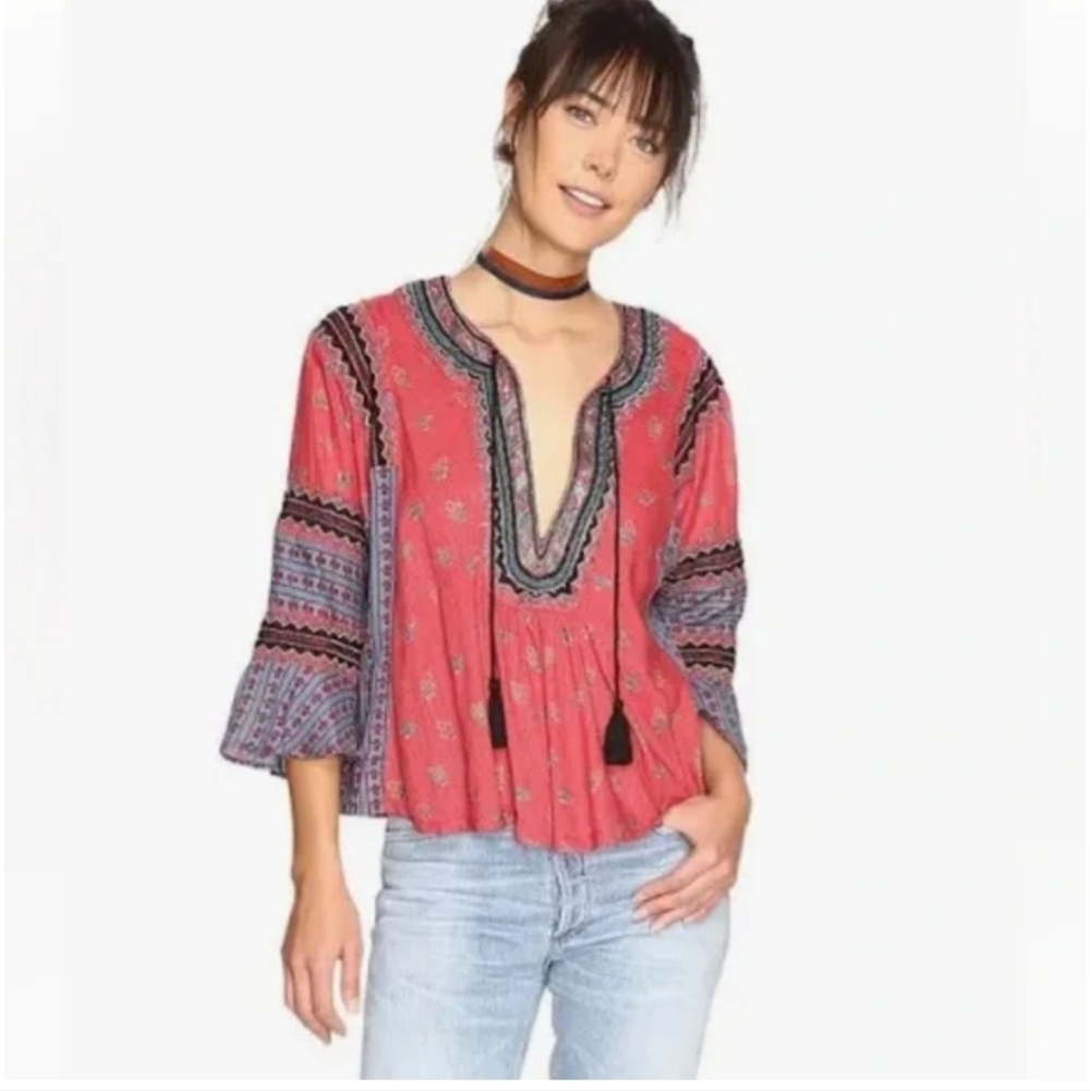 Boho V-Neck Tassel Peasant Top in Coral Mix - Picture 8 of 13